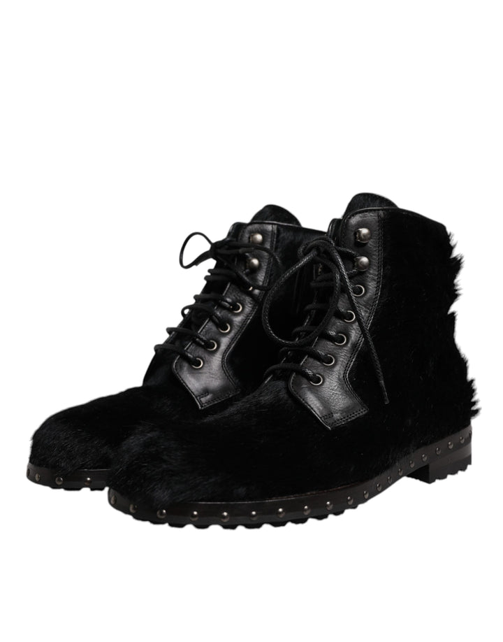 Black Pony Style Leather Mid Calf Boots Shoes