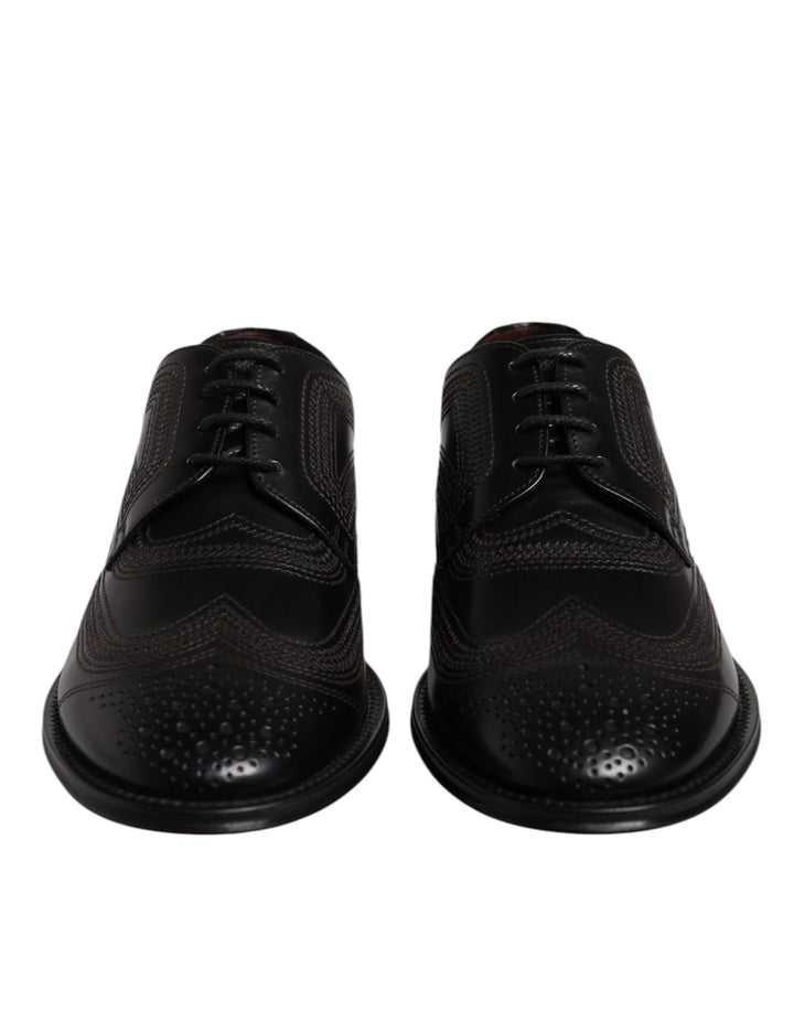 Black Embroidered Classic Leather Derby Dress Shoes