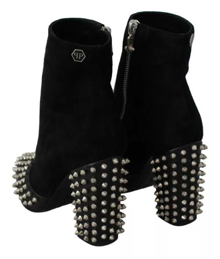 Black Suede Studded Heels Ankle Boots Shoes