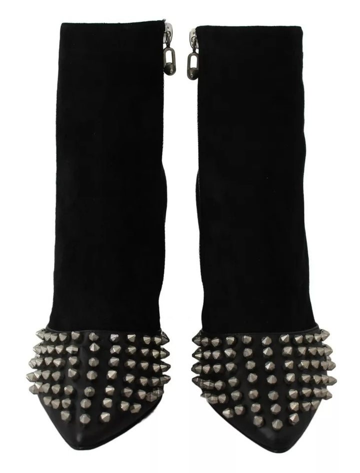 Black Suede Studded Heels Ankle Boots Shoes