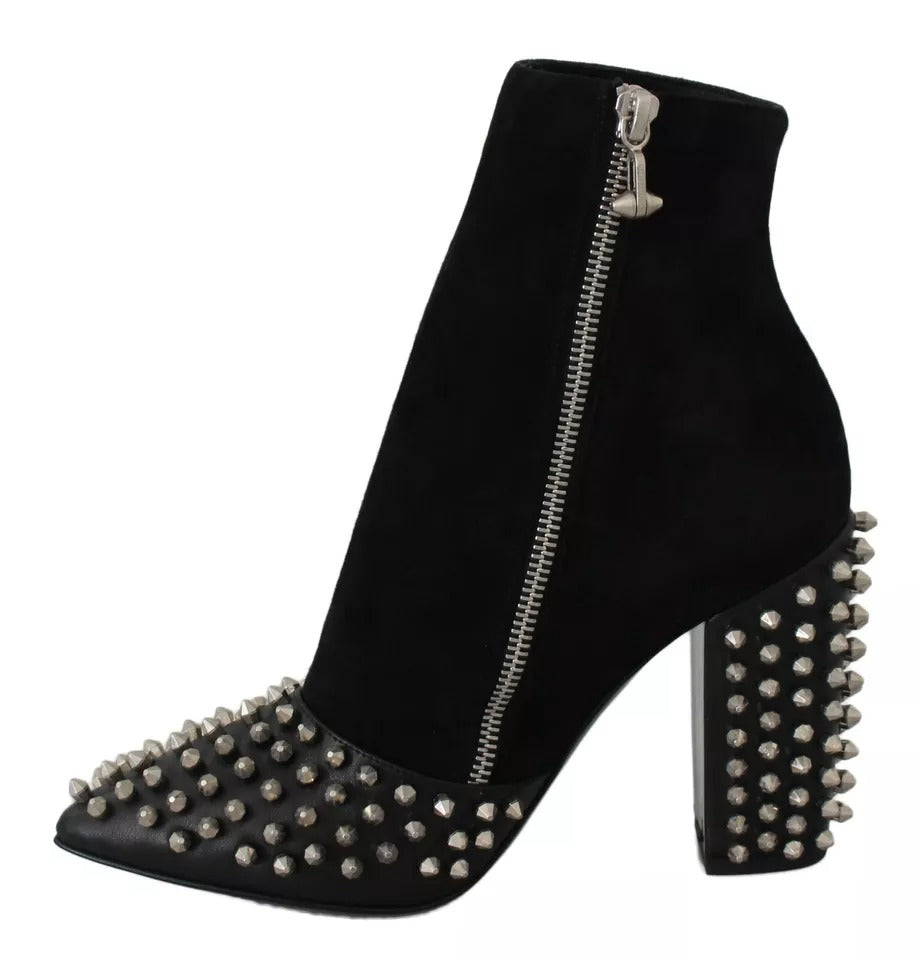 Black Suede Studded Heels Ankle Boots Shoes