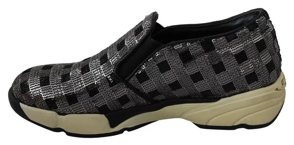 Silver Black Slip-on Sequence Design Sneakers Shoes
