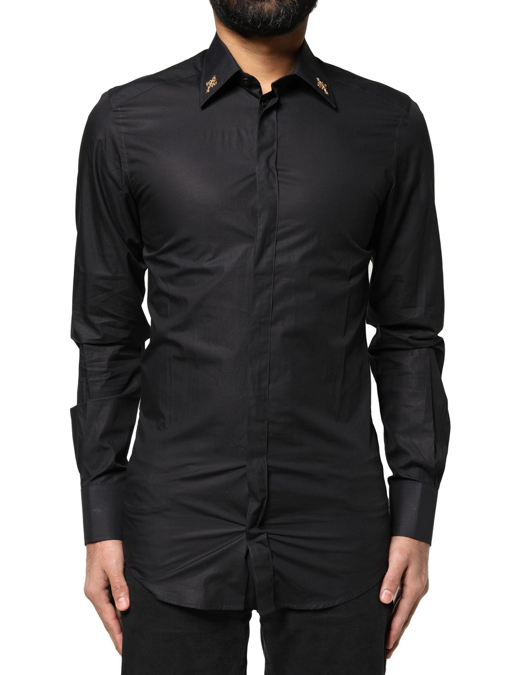 Dolce & Gabbana Black Gold Cross Embellished Men Dress Shirt IT40 | M Dolce & Gabbana Black Gold Cross Embellished Men Dress Shirt IT40 | M