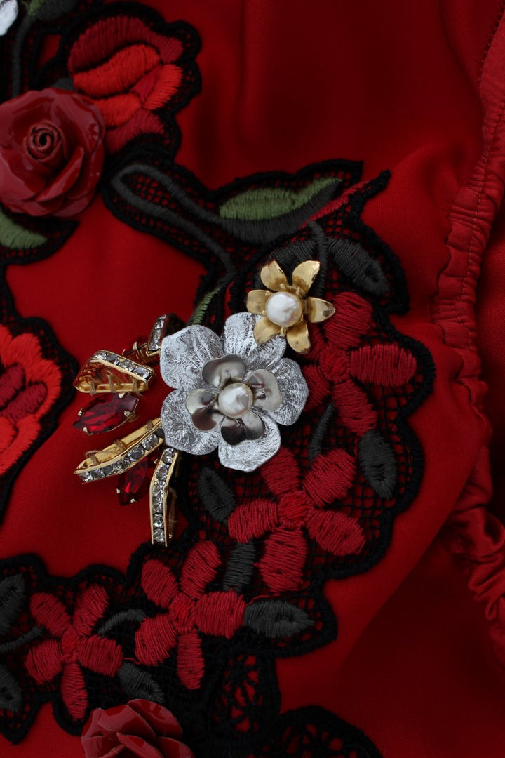 Dolce & Gabbana Red Silk Crystal Roses Shorts
