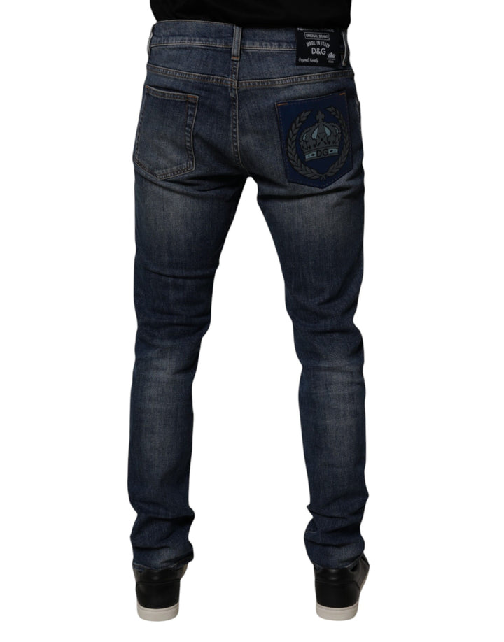Dark Blue Cotton Leather Skinny Denim Jeans