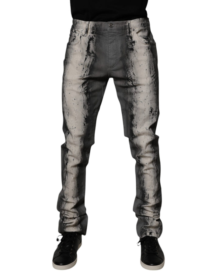 Gray Tie Dye Cotton Skinny Men Denim Jeans