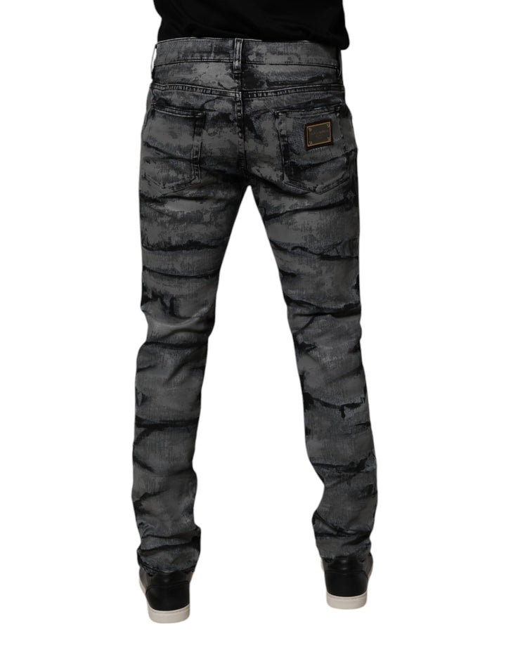Gray Tie Dye Cotton Skinny Men Denim Jeans