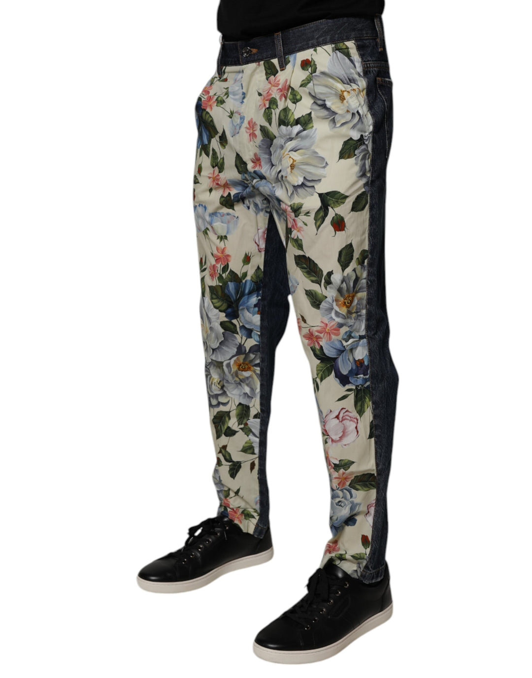 Beige Blue Floral Cotton Men Denim Jeans