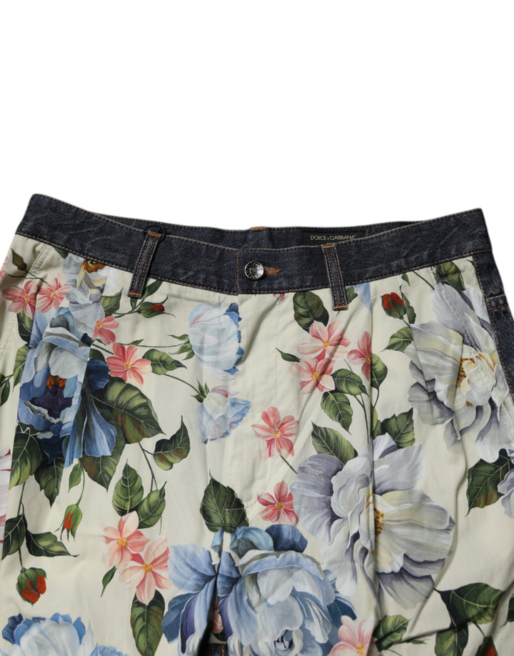 Beige Blue Floral Cotton Men Denim Jeans