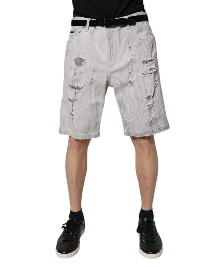 Light Gray Tattered Men Denim Bermuda Shorts