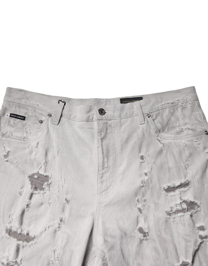 Light Gray Tattered Men Denim Bermuda Shorts