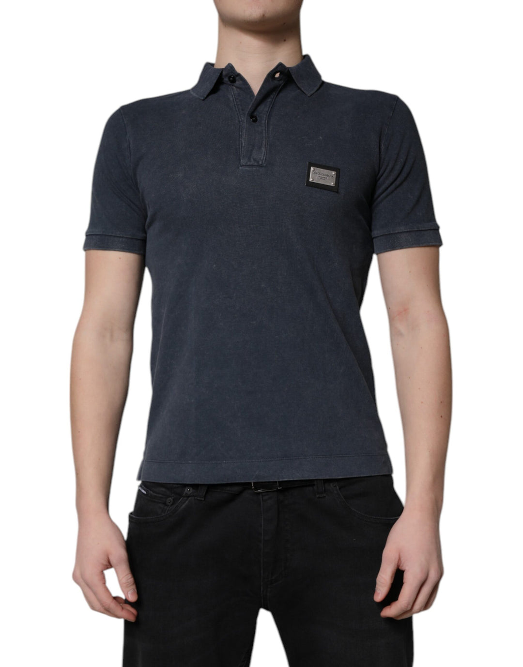 Dark Blue Logo Plaque Cotton Men Polo Shirt T-shirt