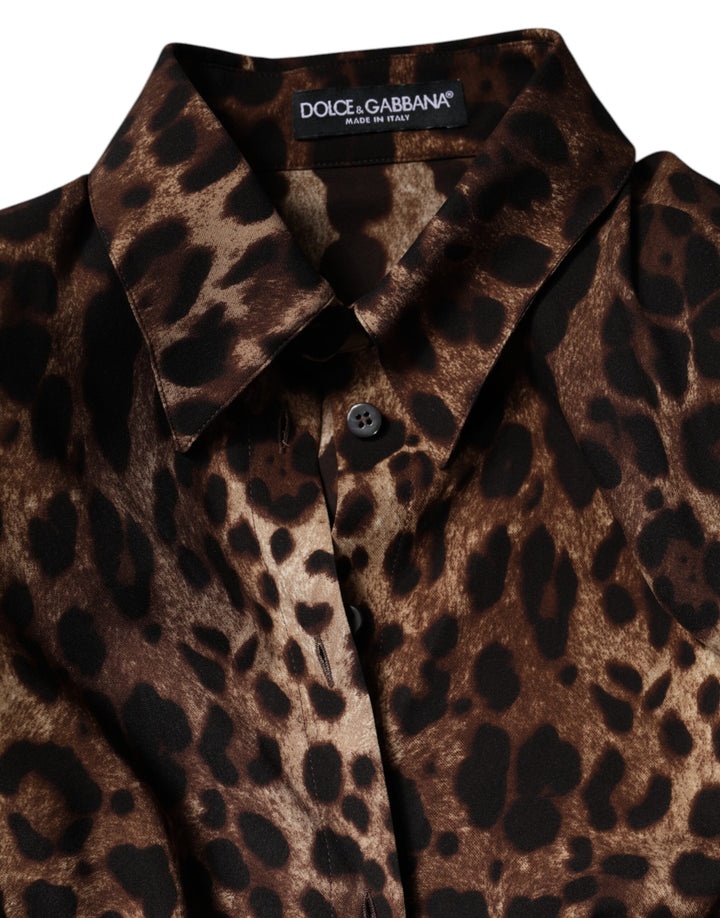 Brown Leopard Silk Button Down Coat Jacket