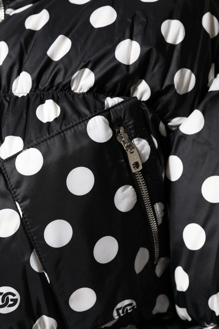 Black White Polka Dot Full Zip Puffer Jacket
