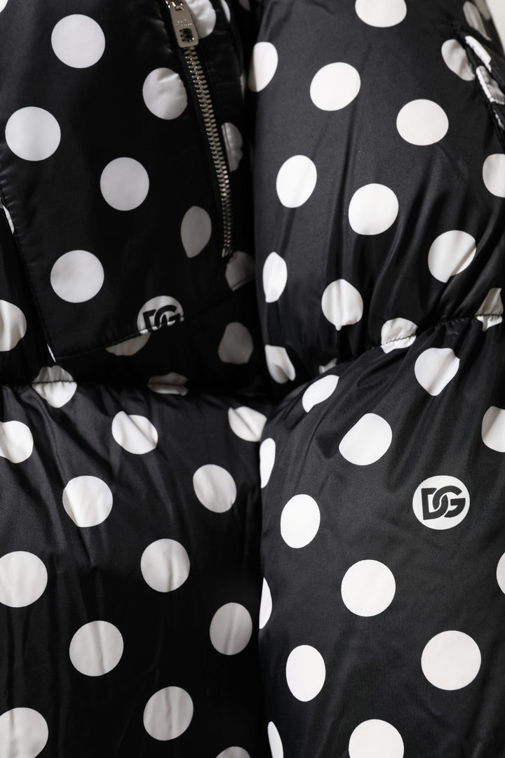 Black White Polka Dot Full Zip Puffer Jacket