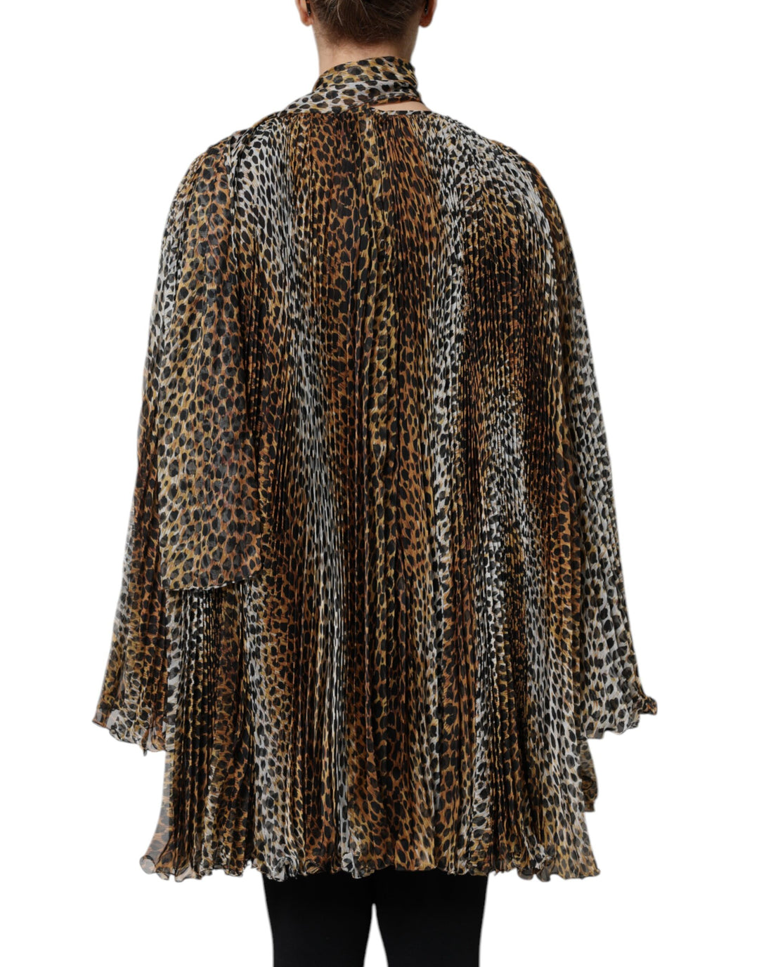 Brown Leopard Print Scarf Collared Chiffon Dress