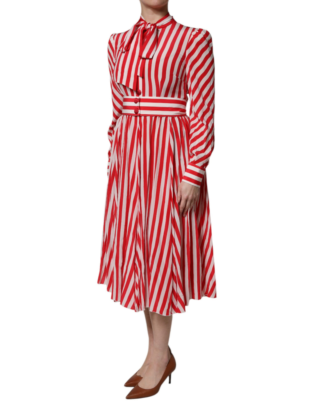 White Red Stripes Long Sleeves Midi Dress