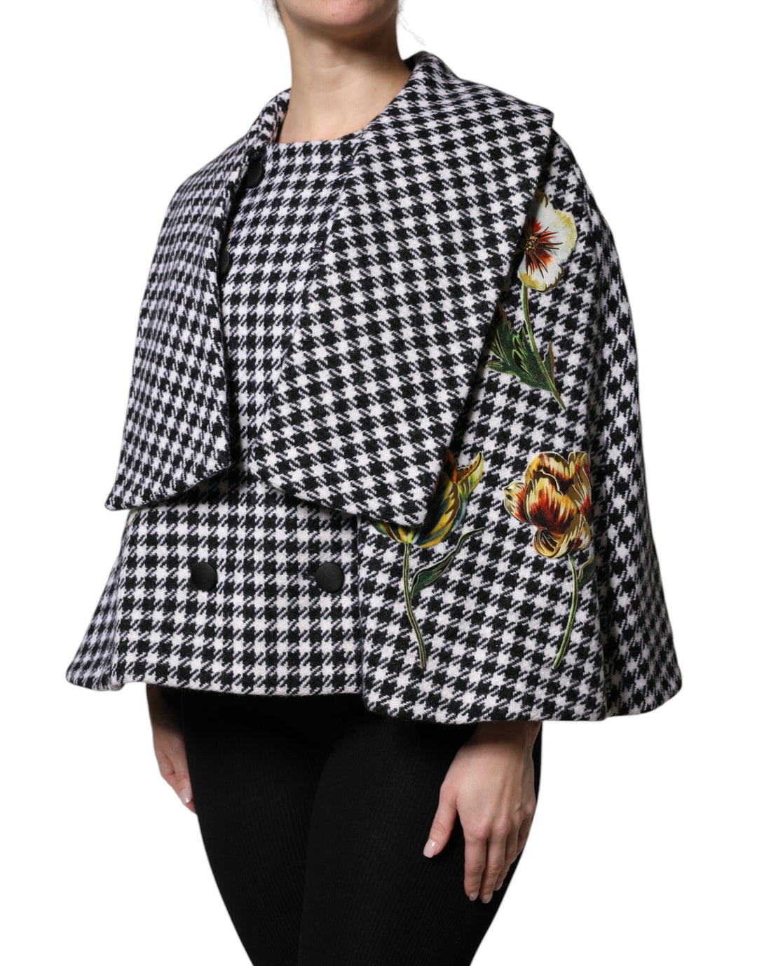 Black White Monochrome Patterned Floral Cape Jacket