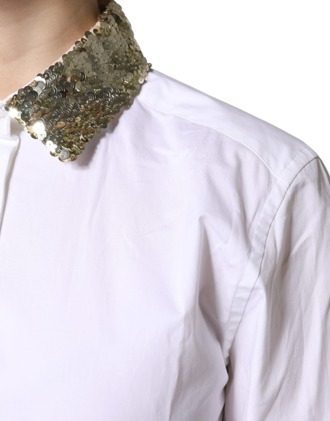 White Cotton Long Sleeves Sequin Shirt Top