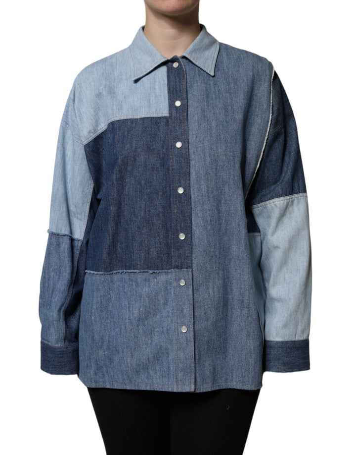 Blue Cotton Button Up Collared Long Sleeve Top