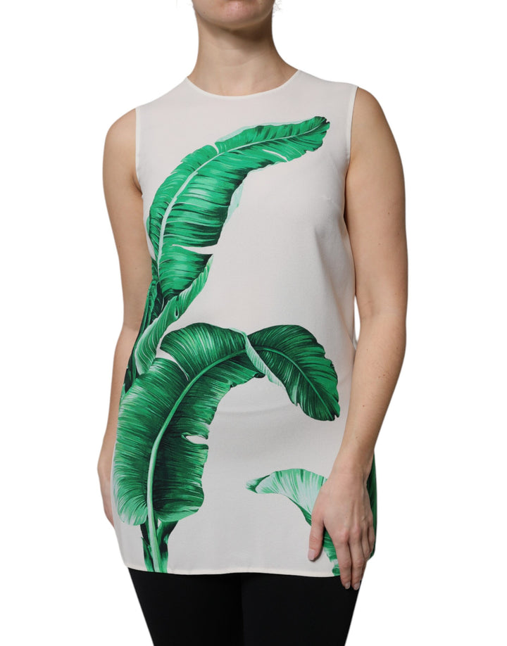 White Banana Leaf Print Round Neck Tank Top