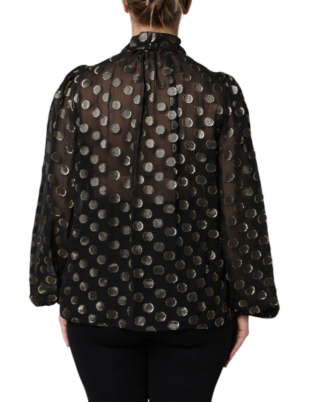 Black Sheer Tied Neck Polka Dots Blouse Top