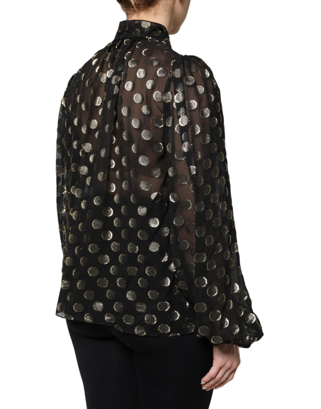 Black Sheer Tied Neck Polka Dots Blouse Top