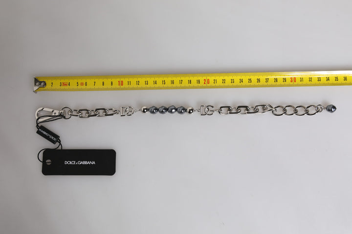 Silver Tone Chain Lobster Clasp Logo Gray Pearls Bracelet