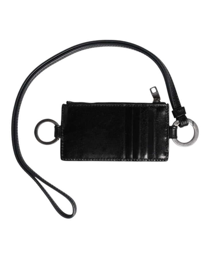Black Leather Logo Embossed Lanyard Card Holder Wallet