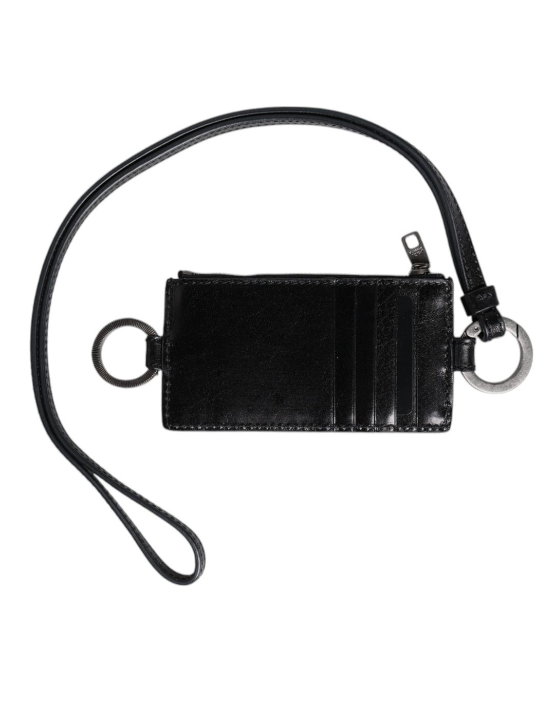 Black Leather Logo Embossed Lanyard Card Holder Wallet