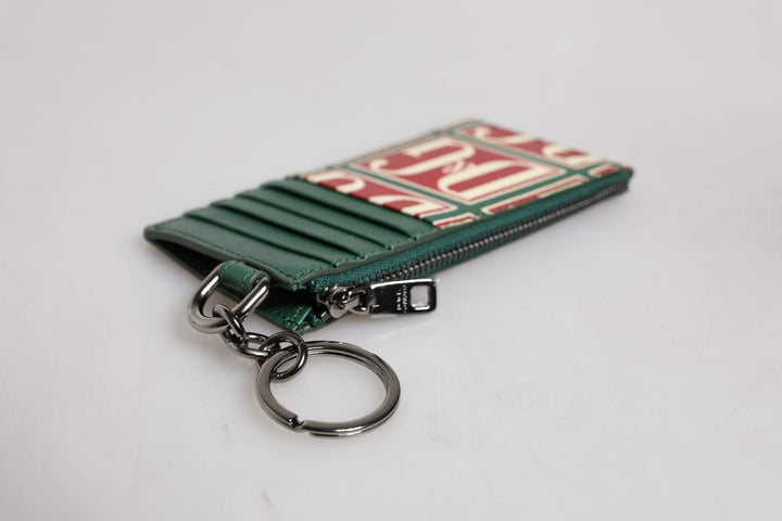 Green Calf Leather Logo Print Monogram Card Holder Wallet