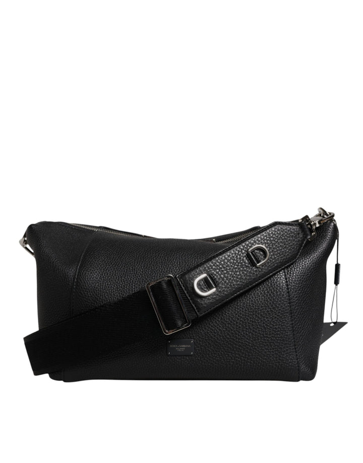 Black Leather Logo Plaque Shoulder Crossbody Bag