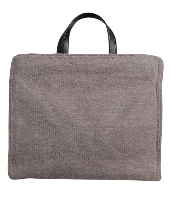 Grey Alpaca Wool Logo Plaque Tote Shoulder Bag