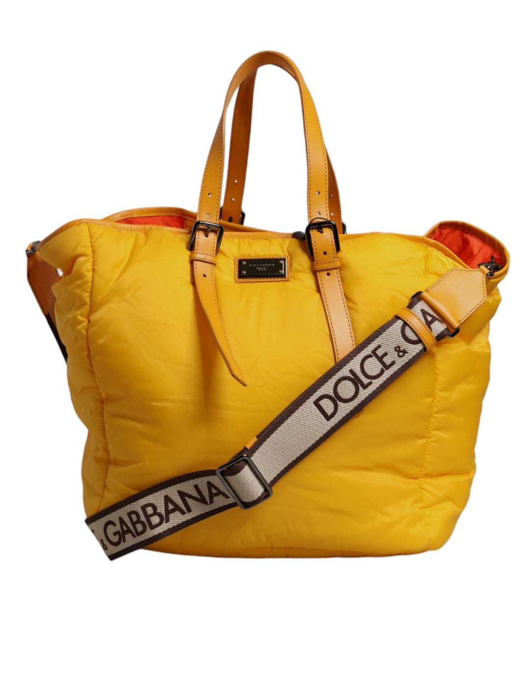 Yellow Orange Nylon Logo Plaque Hand Shoulder Duffle Bag
