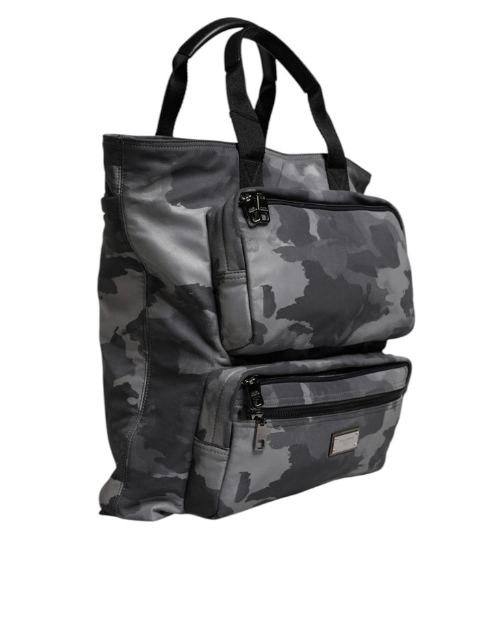 Gray Camo Cotton Multiple Compartments Tote Bag