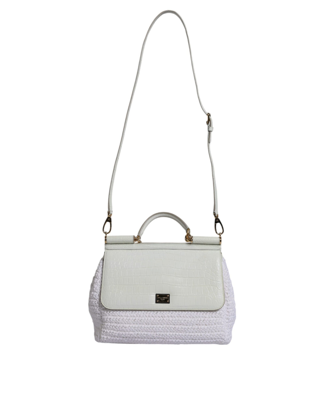 White Rafia Leather Top Handle Crossbody Bag