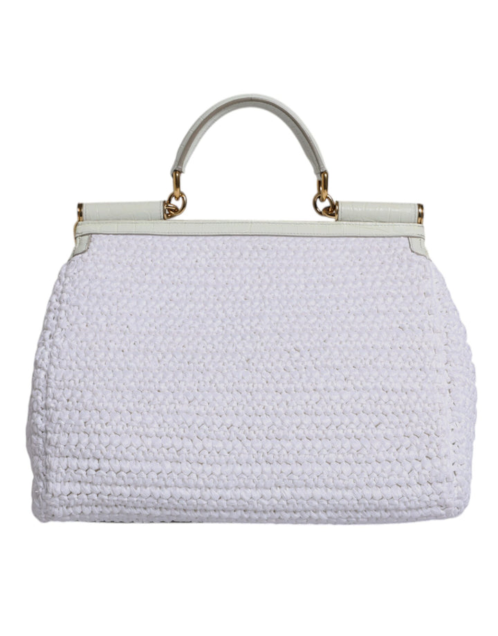 White Rafia Leather Top Handle Crossbody Bag
