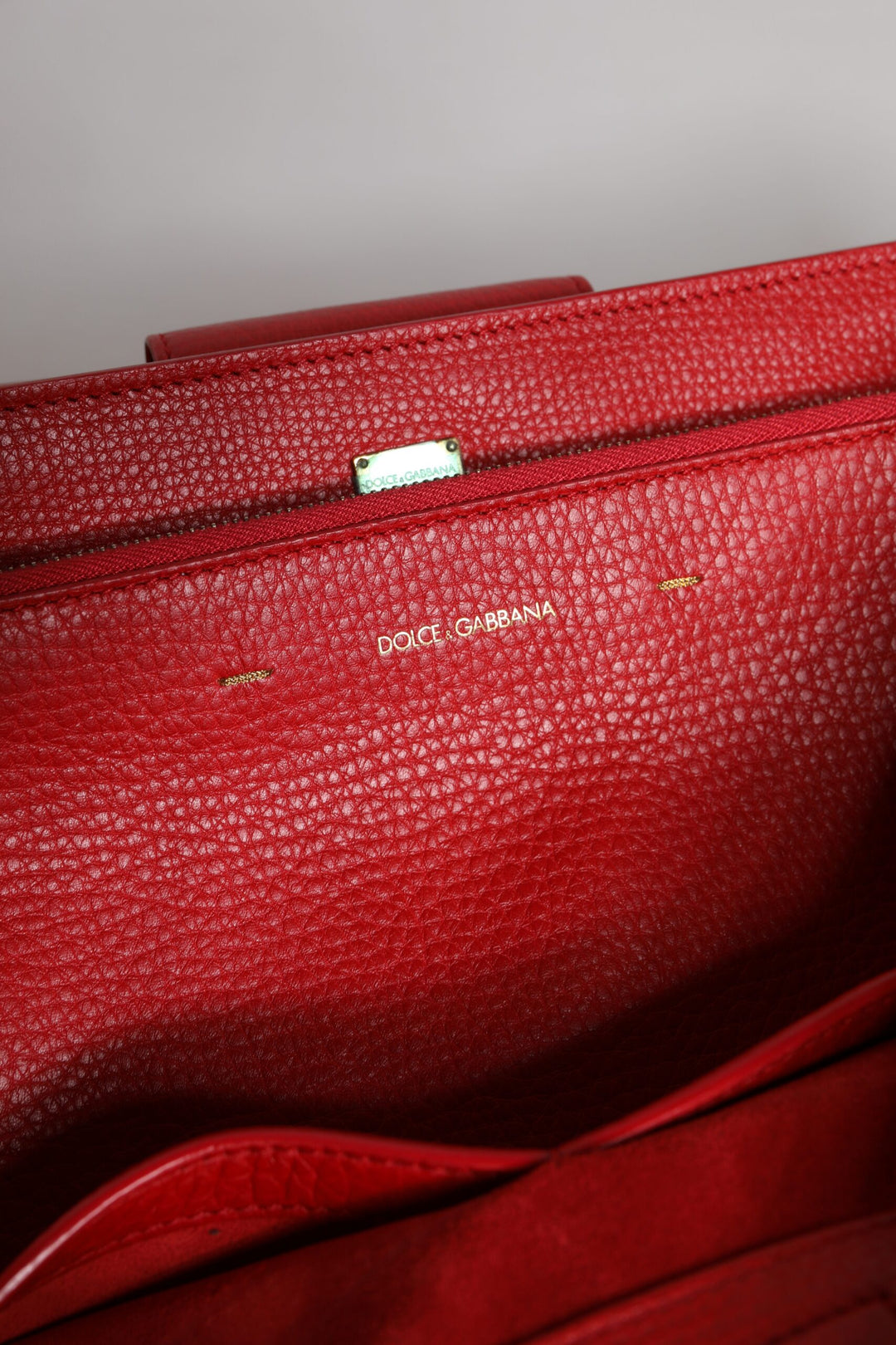 Red Calfskin Leather Logo Plaque Top Handle Bag