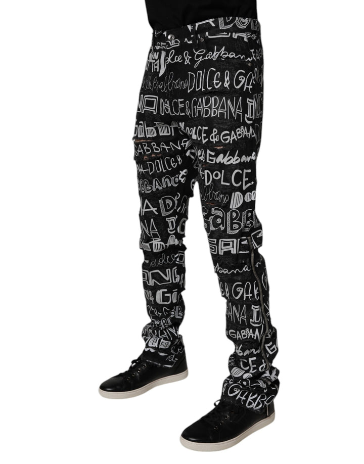 Black Cotton Logo Print Straight Denim Jeans