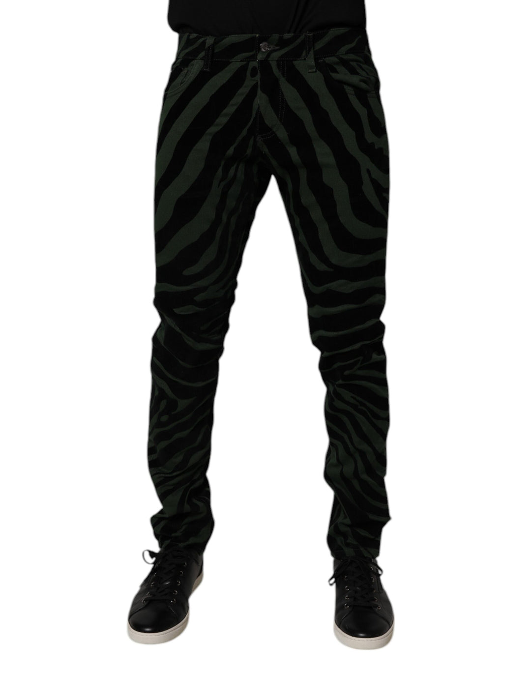 Black Green Stripes Cotton Skinny Denim Jeans