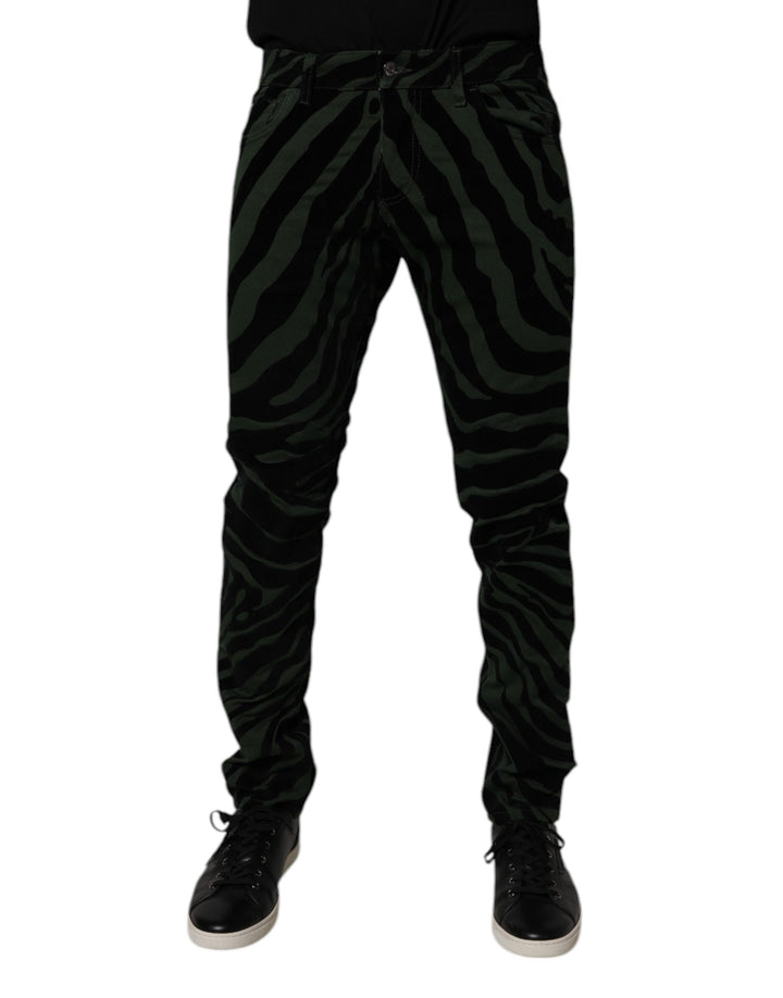 Black Green Stripes Cotton Skinny Denim Jeans