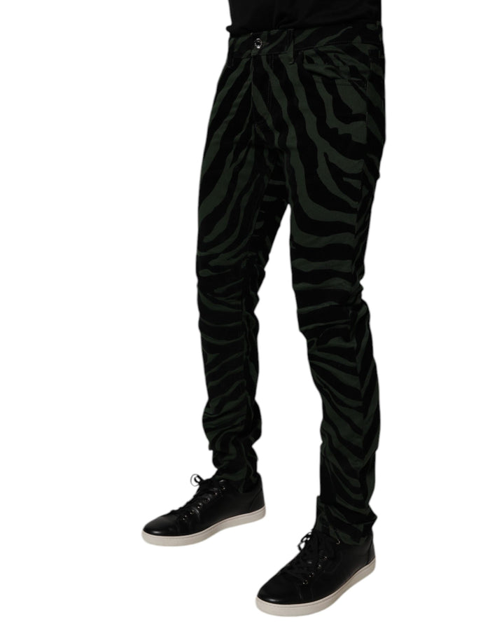 Black Green Stripes Cotton Skinny Denim Jeans