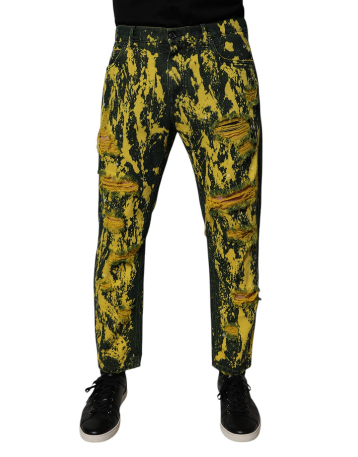 Black Yellow Tie Dye Tattered Skinny Men Denim Jeans
