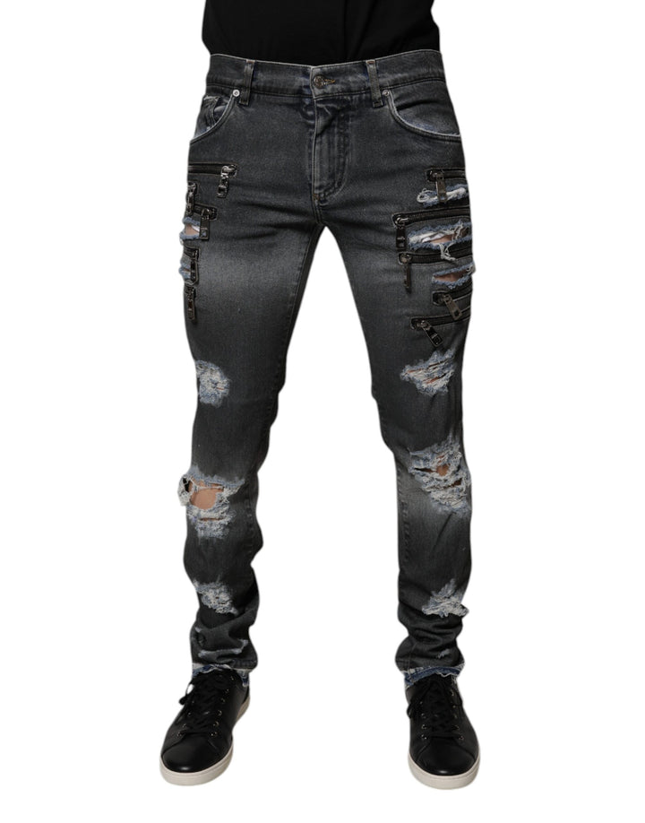 Dark Gray Tattered Cotton Skinny Denim Jeans