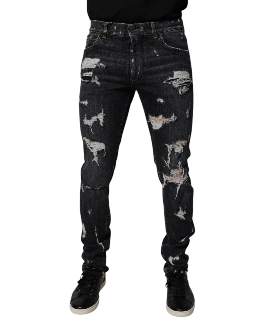 Black Tattered Cotton Skinny Men Denim Jeans