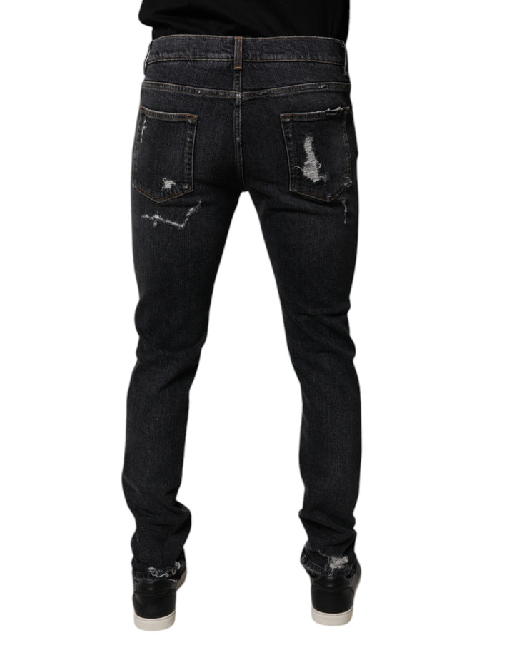 Black Tattered Cotton Skinny Men Denim Jeans