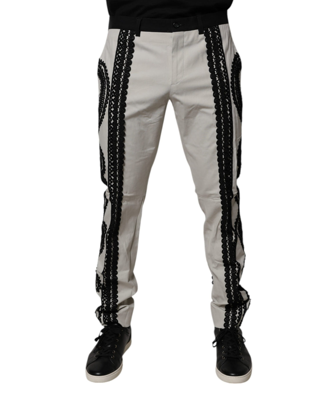 White Lace Trim Mid Waist Dress Formal Pants