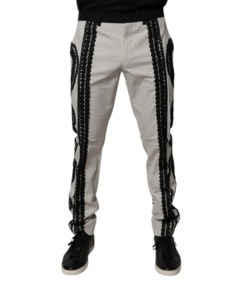 White Lace Trim Mid Waist Dress Formal Pants