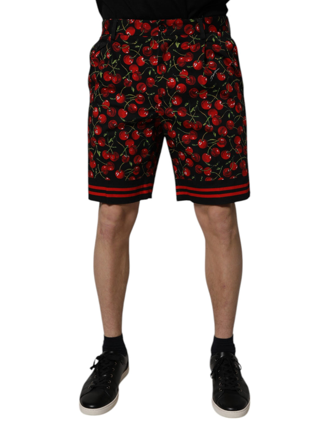 Black Red Cherry Print Bermuda Cotton Shorts