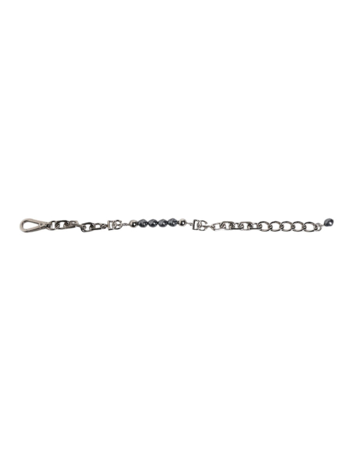 Silver Tone Chain Lobster Clasp Logo Gray Pearls Bracelet